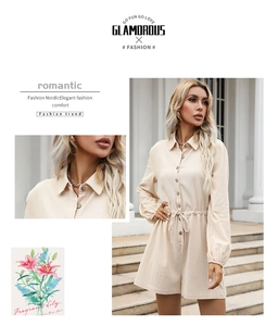 Detail of lapel collar and buttoned front on beige drawstring long sleeve romper