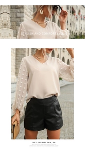 Detail of V-neck lace chiffon blouse featuring 3D textured dot sleeves and elegant beige tone