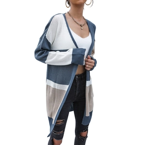 Color-block long sleeve knit cardigan sweater in navy white and khaki with open front style