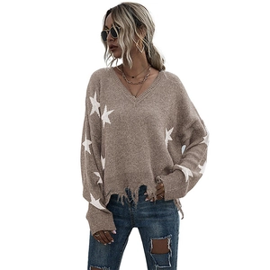 Women V-neck long sleeve star print knit sweater with distressed fringe hem casual style