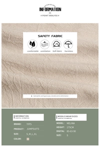 Macro detail of breathable beige fabric texture and size chart for summer jumpsuit