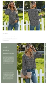 Detailed views showing the front, back, and side of a leopard print V-neck chiffon blouse