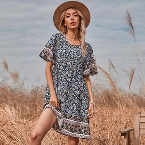 Robe Mini pour Femme Bohème Imprimé Ethnique Col en V Manches Courtes Ligne A Floral Vacances d'Été Décontractée Style Rétro