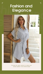 Dettaglio dell'abito a camicia a righe blu con nodo in vita e colletto abbottonato