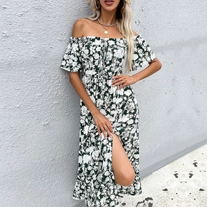 Floral off-shoulder midi dress with side split and summer botanical print in white
