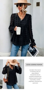 Detail of V-neckline with delicate lace trim on black Swiss dot texture chiffon blouse