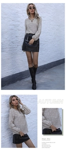 Collage of women leopard print chiffon blouse with V-neck cross straps and leather skirt
