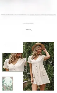Detail view of the V-neck cotton linen dress with short sleeves and front buttons
