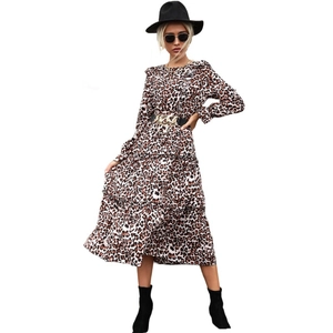 Robe Midi Femme Élégante Imprimé Léopard Volants Manches Longues Col Rond Ourlet Étagé Trapèze Mousseline Fluide