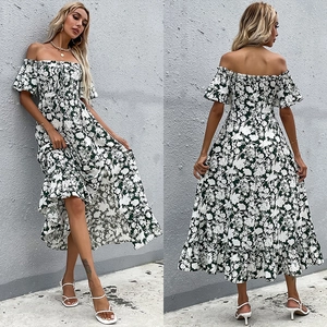 Off-shoulder floral summer midi dress with side slit and waist-cinching silhouette