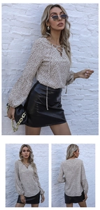 Detailed views of leopard print v-neck chiffon blouse with faux leather mini skirt