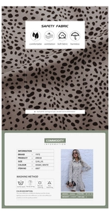 Detailed chart showing leopard print dress fabric specs and size guide from S to XL