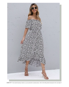 Detail of floral off-shoulder midi dress featuring button decor and ruffled hemline
