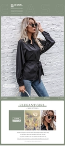 Detail of black long sleeve button-up shirt with chest pockets and adjustable waist tie