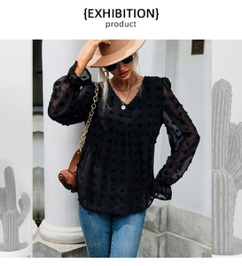 Detail shot of the V-neck mesh sheer blouse featuring elegant 3D dot textured fabric