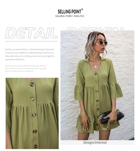 Detail showing green crepe fabric texture and vintage buttons on long sleeve short dress