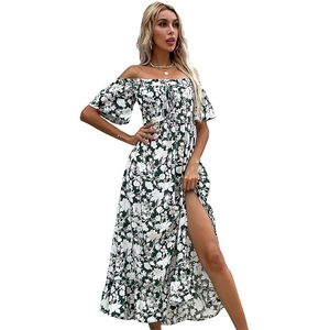 Floral off-shoulder summer maxi dress with waist tie and high side slit detail