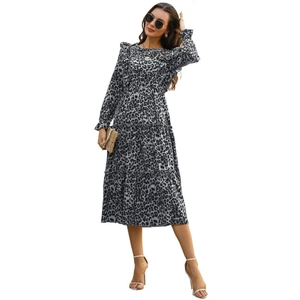Robe midi élégante à imprimé léopard avec manches volantées et jupe à plusieurs niveaux