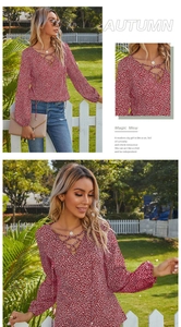 Detail of red leopard print blouse featuring V-neck lace-up collar and long sleeves