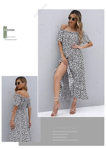 Detail view of floral off-shoulder dress with front buttons and high slit design