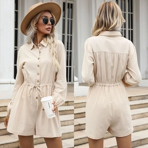 Beige long sleeve romper with drawstring waist and lapel collar in cotton linen
