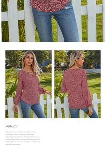 Detailed views of red leopard print blouse with V-neck cross straps and elastic cuffs