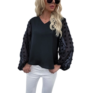 Women's black V-neck chiffon blouse with sheer polka dot mesh long sleeves