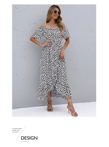 Detail of off-shoulder floral dress with button-front and asymmetrical ruffle hemline