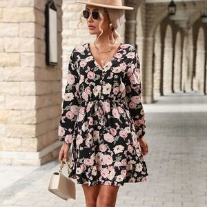 Elegant floral print V-neck long sleeve mini dress with waist drawstring for women