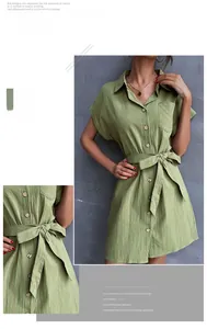 Detailed view of grass green cotton linen shirt dress with waist tie and buttons