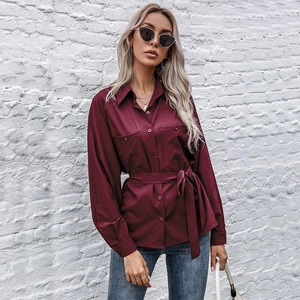 Women Elegant Lapel Long Sleeve Shirt Blouse With Waist Tie Single Breasted Solid Color Office Commuter Fashion Top