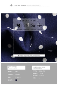 Detailed view showing the soft polka dot fabric texture and sizing chart for the dress
