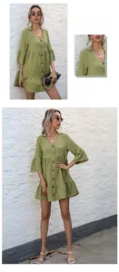 Close-up of avocado green textured fabric featuring V-neckline and button-down details