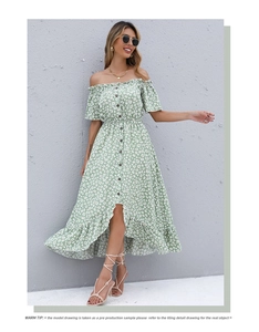 Detail of off-the-shoulder floral dress with wood buttons and asymmetrical ruffle hemline