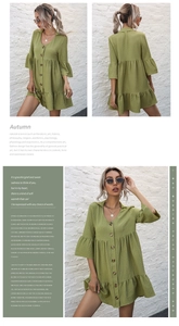 Collage of green V-neck mini dress showing front and back views with flared sleeves