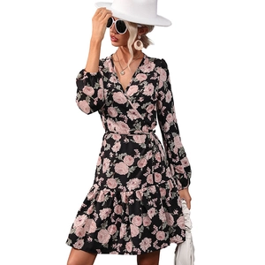 Elegant black long sleeve V-neck floral wrap dress with pink roses and ruffle hem