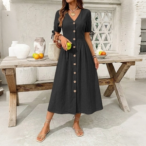Elegant V-Neck Button Front Midi Dress Short Sleeve With Tie Cuffs Summer Cotton Linen Texture Casual A-Line Dress For Women
