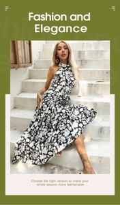 Détail d'une robe longue dos nu à imprimé floral noir et blanc élégante pour l'été