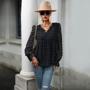 Elegant black V-neck long sleeve Swiss dot blouse with ruffle details for women