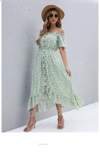 Detail view of floral off-shoulder summer dress with buttons and irregular ruffled hemline