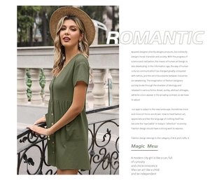 Detail view of v-neck cotton linen dress with buttons and pockets in army green
