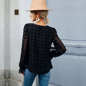 Elegant black V-neck mesh sheer blouse with Swiss dot long sleeves and ruffled cuffs