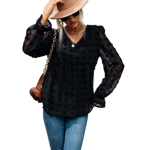Elegant black long sleeve V-neck chiffon Swiss dot blouse with feminine ruffle cuffs