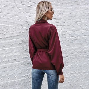 Elegant wine red long sleeve satin shirt with lapel collar and waist tie for women
