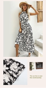 Détails de la robe d'été à fleurs noir et blanc avec coutures soignées et finition précise