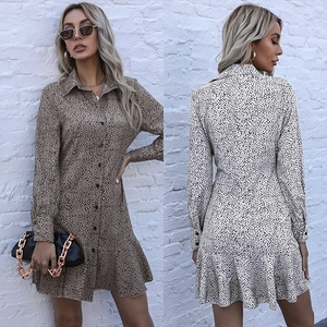 Leopard print long sleeve shirt dress with lapel collar and ruffled hem for women