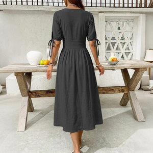 Dark grey V-neck cotton linen midi dress with bubble sleeves and backless bow detail