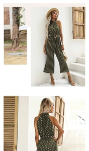 Close-up of military green polka dot halter jumpsuit with matching belt and buckle