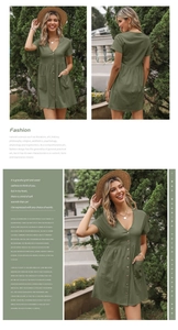 Detail view of v-neck cotton linen dress featuring wooden buttons and practical side pockets