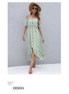Detail view of the floral off-shoulder summer dress with buttons and ruffle hem